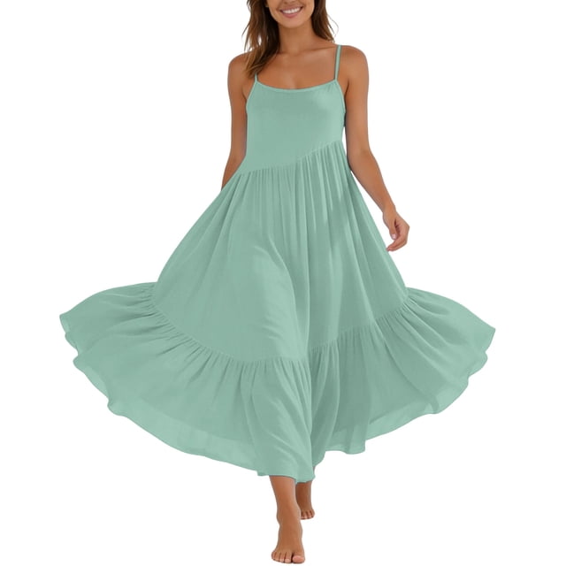 TaTaai Women's 2026 Summer Spaghetti Strap Ruffled Asymmetric Solid Maxi Dress Loose Beach Sundress for Daily & Vacation Gift
