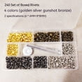 thumbnail image 1 of 240 Juegos de Remaches para Cuero, Kit de Remache de Cuero, Remaches de Cuero de 4 Colores y Broches para Manualidades de Cuero, Ropa, (Oro, Plata, Bronce y Bronce), 1 of 5