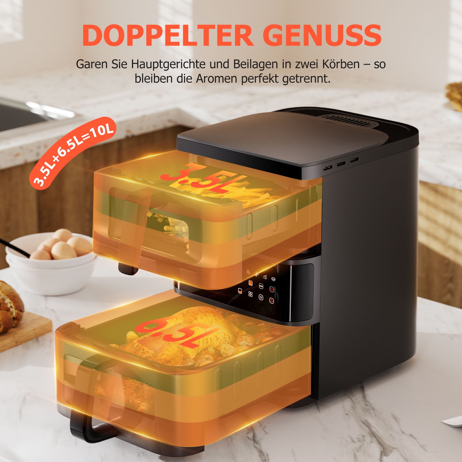 11QT Dual Basket Air Fryer, 10-in-1 Air Fryer Oven with 3D Hot Air Circulation, LED Touchscreen, Nonstick Dishwasher-Safe Baskets, Visible Window, Stainless Steel, Black