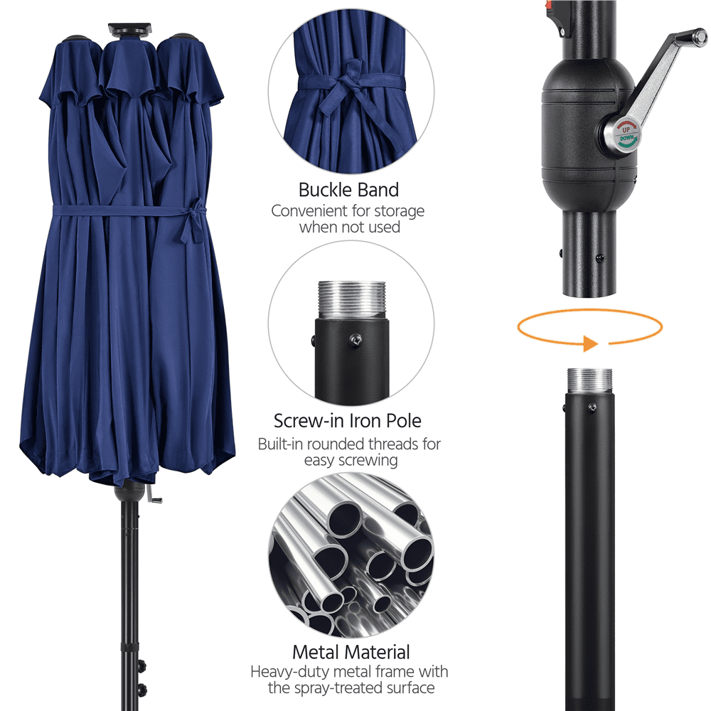 Alden Design 15 ft Triple-size Patio Parasol Umbrella 36 LED Lights Crank for Outdoor, Navy Blue