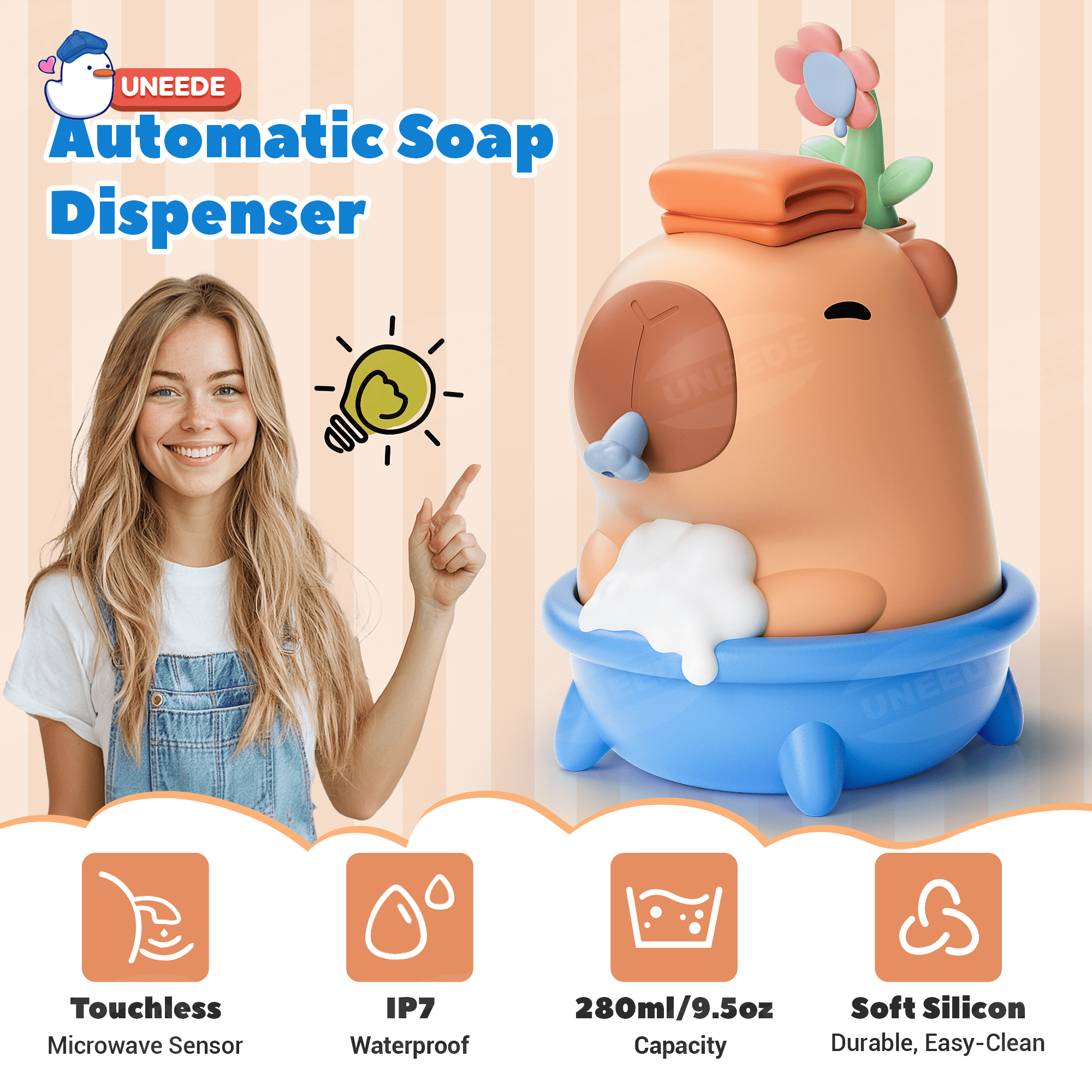 UNEEDE Capybara Soap Dispenser, Automatic Touchless Foaming with Advanced Sensor, IP7 Waterproof, Portable & Wall Mount Rechargeable, 9.5oz/280ml, Cute Soft Silicone Design for Bathroom, Decor Gifts