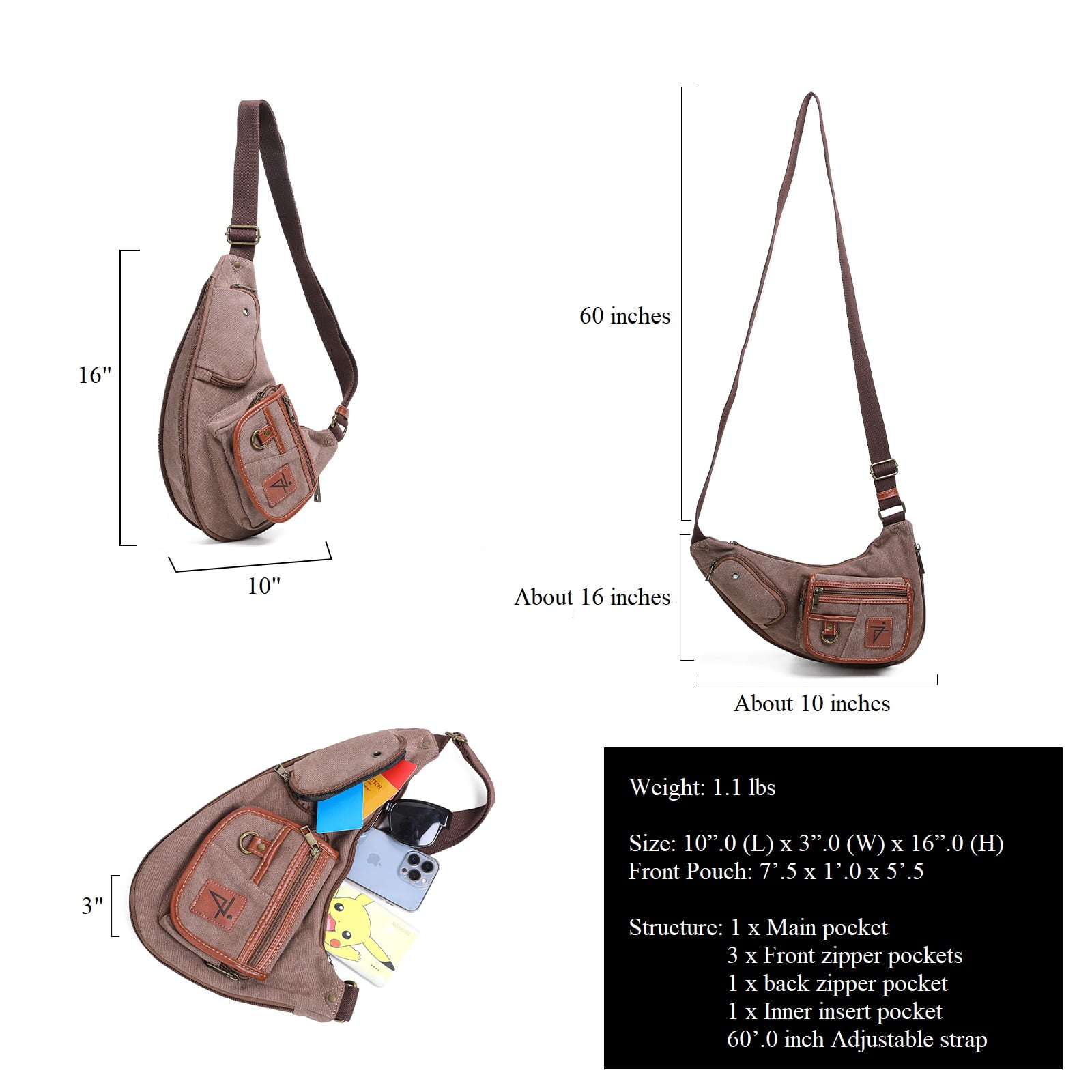 Canvas Zipper Shoulder One Strap Sling Bag for Men's, Travel, Hiking Daypack, Juzar Tapal Collection