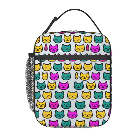 Cute Cat Lunch Bag Portable Handheld Reusable Insulated Cooler Tote Front Pocket Work Office Picnic Food Container Travel