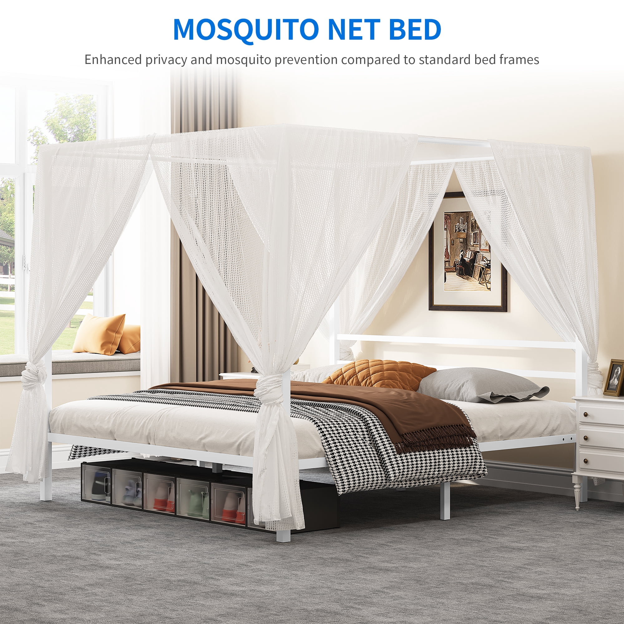 Uforic 4-Poster 14-inch King Canopy Bed Frame with Headboard with Strong Metal Slats, White