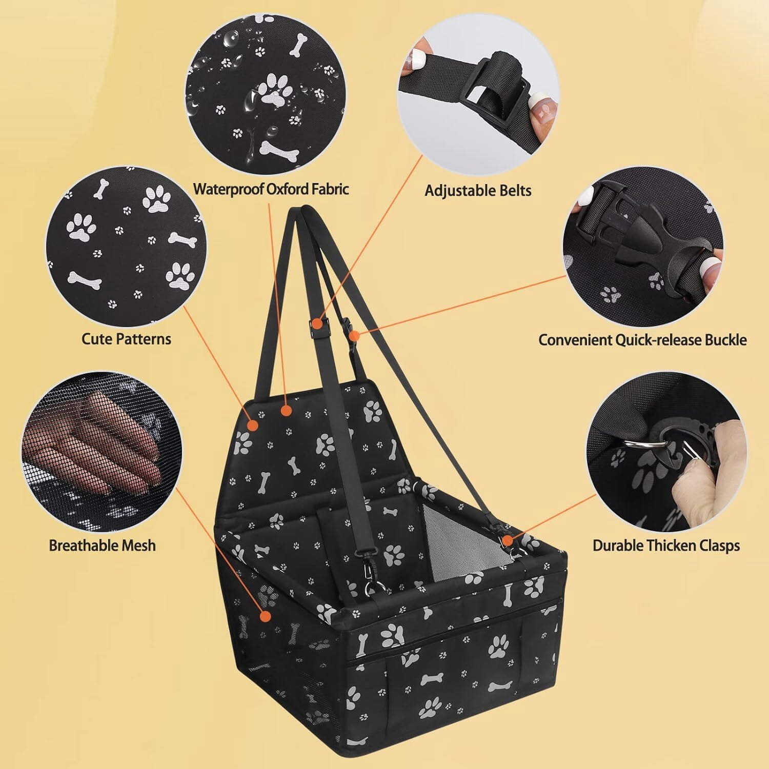 Asunby Foldable Dog Car Seat, Waterproof Dog Car Booster Seats Portable Pet Booster Travel Safety Protector for S/m Dogs, Puppies, Bones & Footprints Black