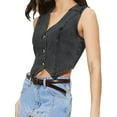 thumbnail image 2 of Women'S Denim Vest Sleeveless V Neck Jean Vest Top Button Down Crop Waistcoat Vest Gray Black S, 2 of 9