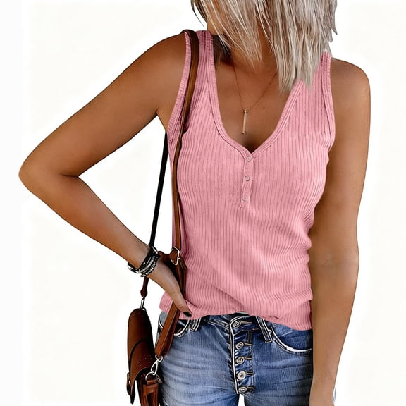 Women's Fashion Solid Color V-Neck Sleeveless Button Front Knitted Tank Top for Casual and Layered Outfits,Pink,L
