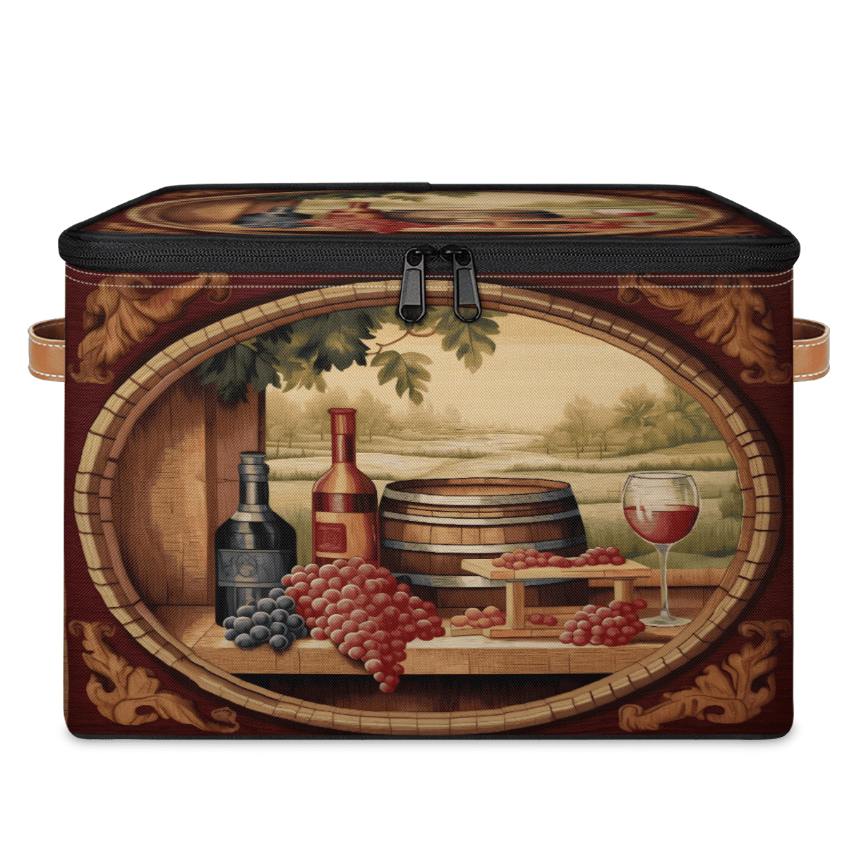 CURLYOOT Vintage Wine Theme Storage Bin with Zipper Lid, Fabric Decorative Lidded Storage Baskets Boxes, Foldable Organizer Container Basket for Bedroom Closet Shelf