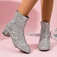 thumbnail image 2 of Women's Sparkly Sequin Dress Boots Glitter Leather Chunky Low Heel Mid Calf Short Ankle Booties for Christmas Wedding Party Silver Size 6, 2 of 7