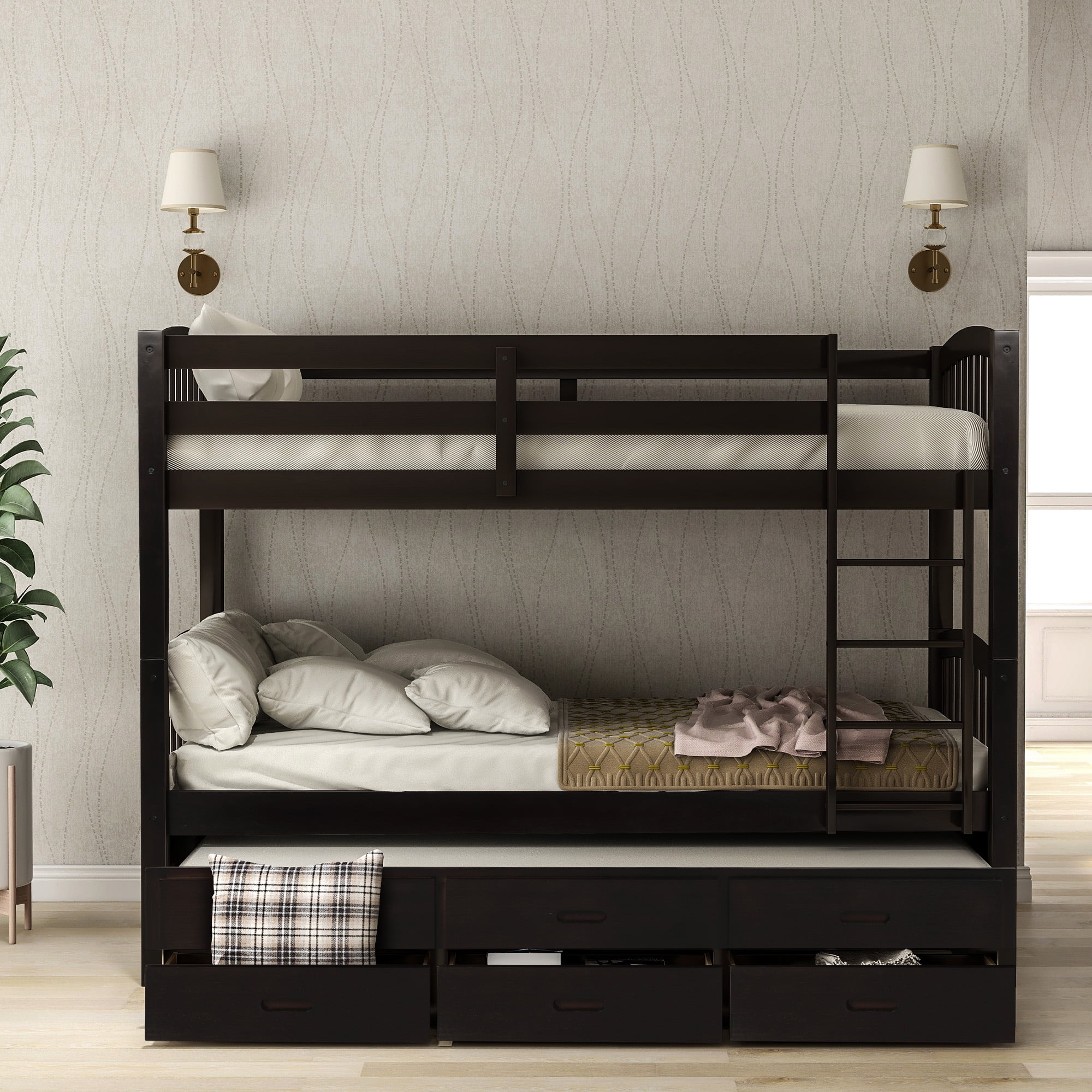 Euroco Twin Over Twin Wood Bunk Bed with Trundle and Drawers for Bedroom for Kids Teens, Dark Brown