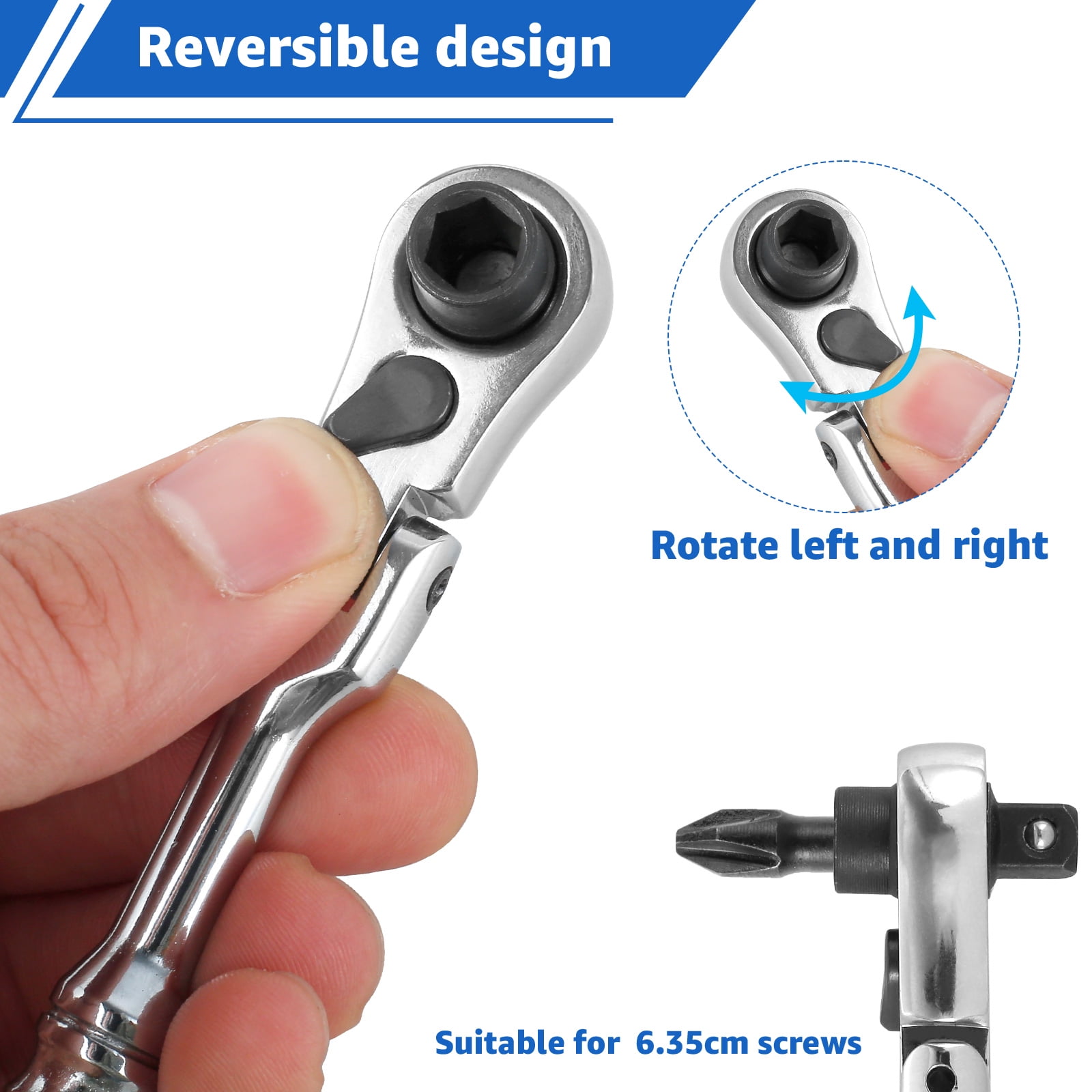 1/4 Inch Mini Flat Head Ratchet Wrench - Dual-Drive Chrome Vanadium Steel Tool With Storage