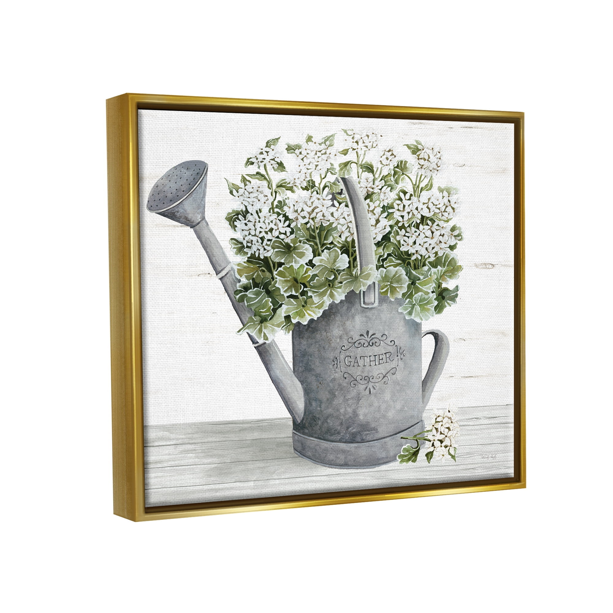Stupell Country Watering Can Bouquet Botanical & Floral Painting Gold Floater Framed Art Print Wall Art