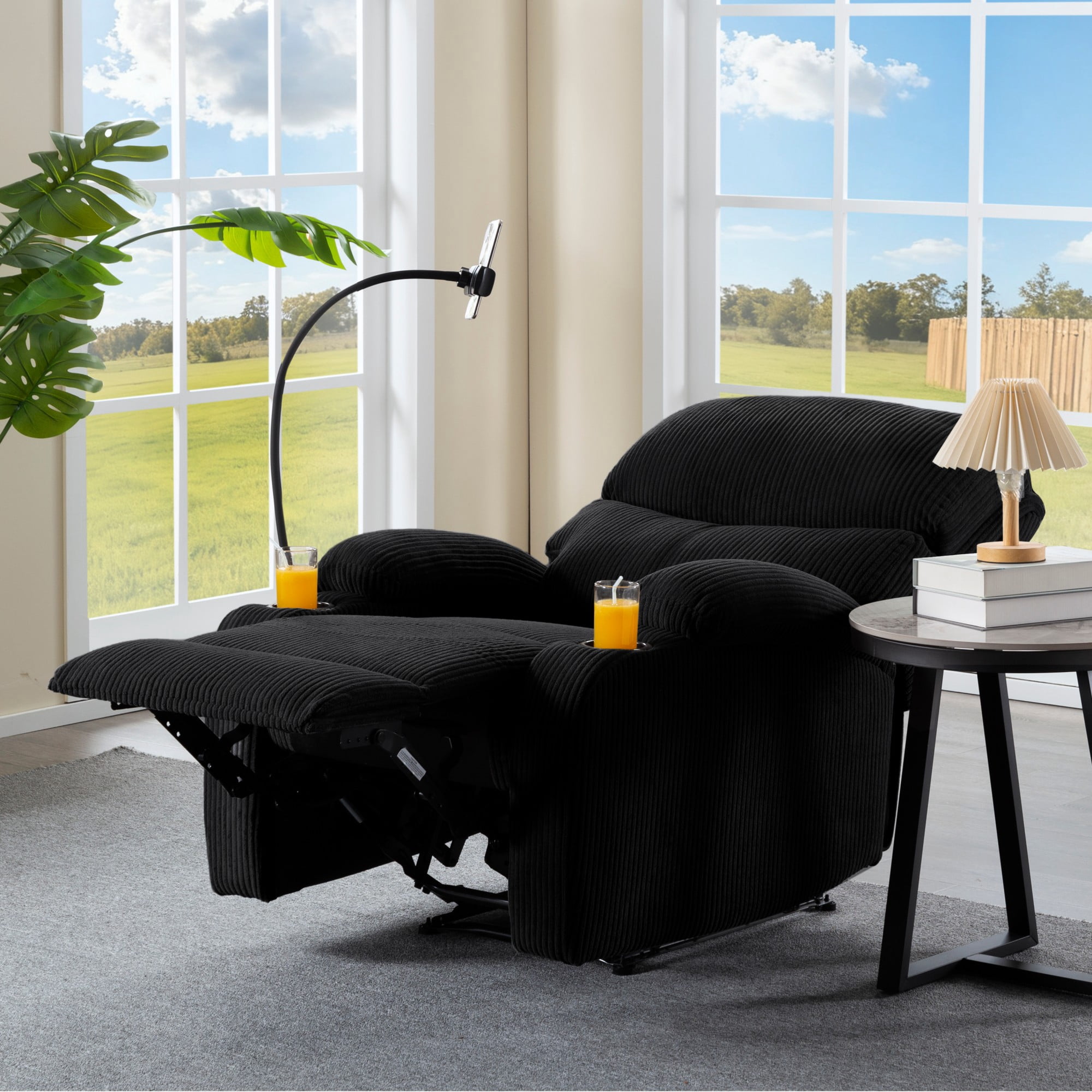 Gewnee Black Corduroy Manual Recliner Chair - Solid Wood Frame with Phone Holder & Cup Holders, Ergonomic Backrest for Living Room Bedroom Office