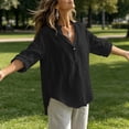 thumbnail image 5 of hoksml Women's Cotton Linen V Neck Blouse, Roll-Up Sleeve Henley Casual Shirt, Loose Fit Top for Daily and Office Wear, 5 of 9