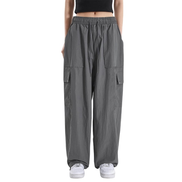 Sunloudy Pantalones cargo casuales para mujer, pantalones sueltos de moda de cintura baja elásticos de color sólido con bolsillos laterales Sunloudy moda