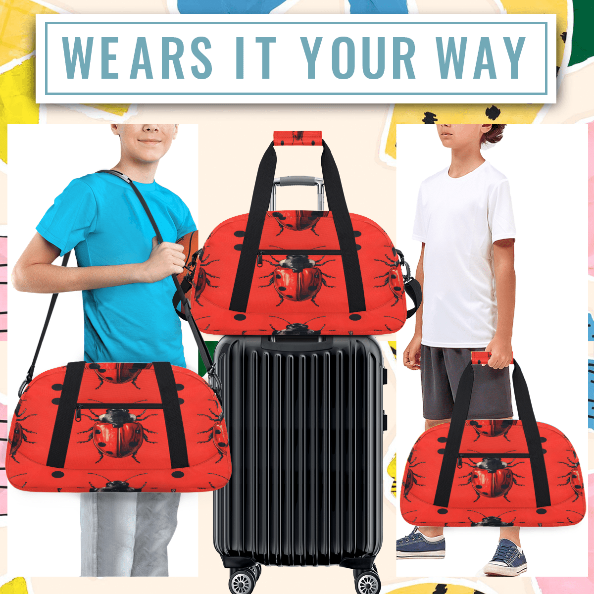 Herdesigns Animal Sports Duffle Bag for Women & Men, Cute Ladybugs Gym Bag Dance Bag Overnight Bag Carry On Weekender Travel Bag