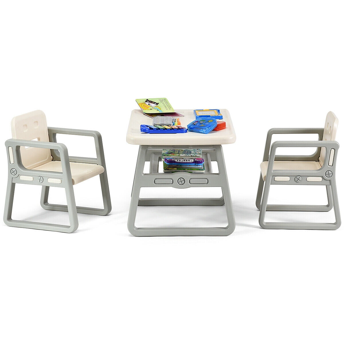 Gymax Kids Table and 2 Chairs Set Toddler Table w/ Storage Shelf For Baby Gift White