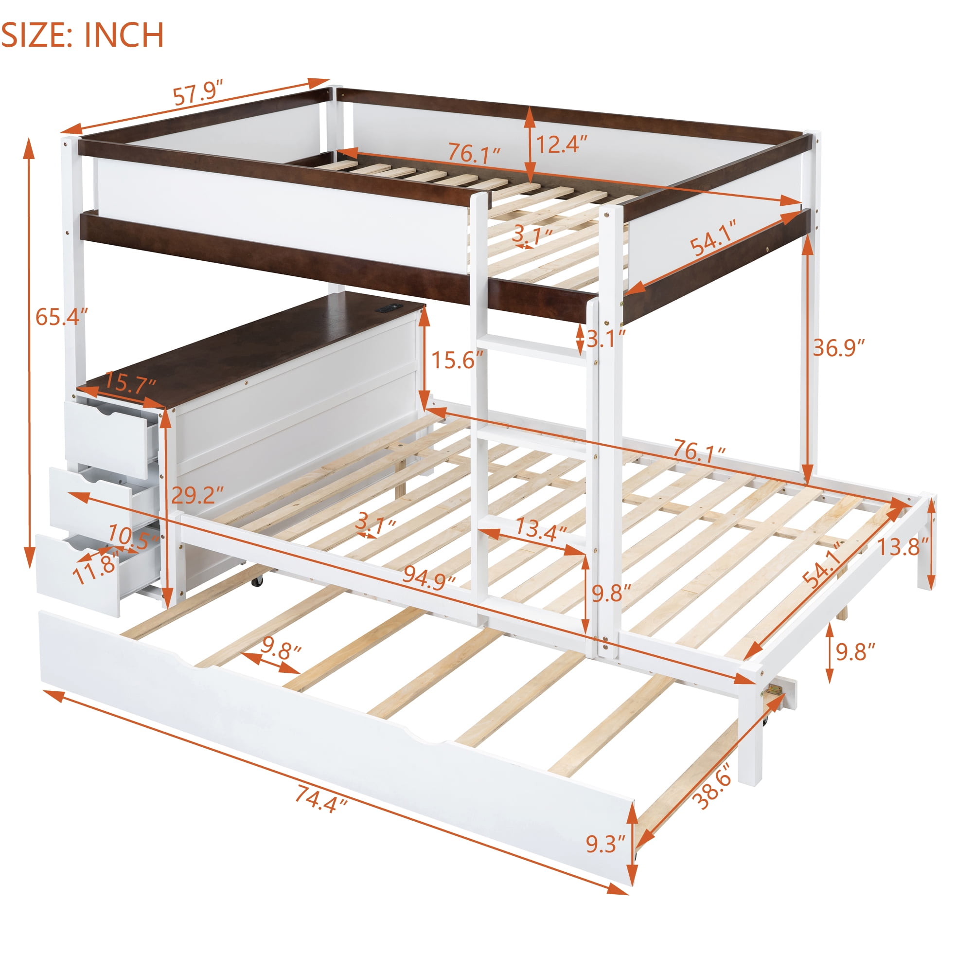 Aukfa Full Over Full Bunk Bed with Trundle and USB Charging Station, Wood Bed Frame with Build-in Desk&Storage Drawers for Kids Bedroom, White/Walnut
