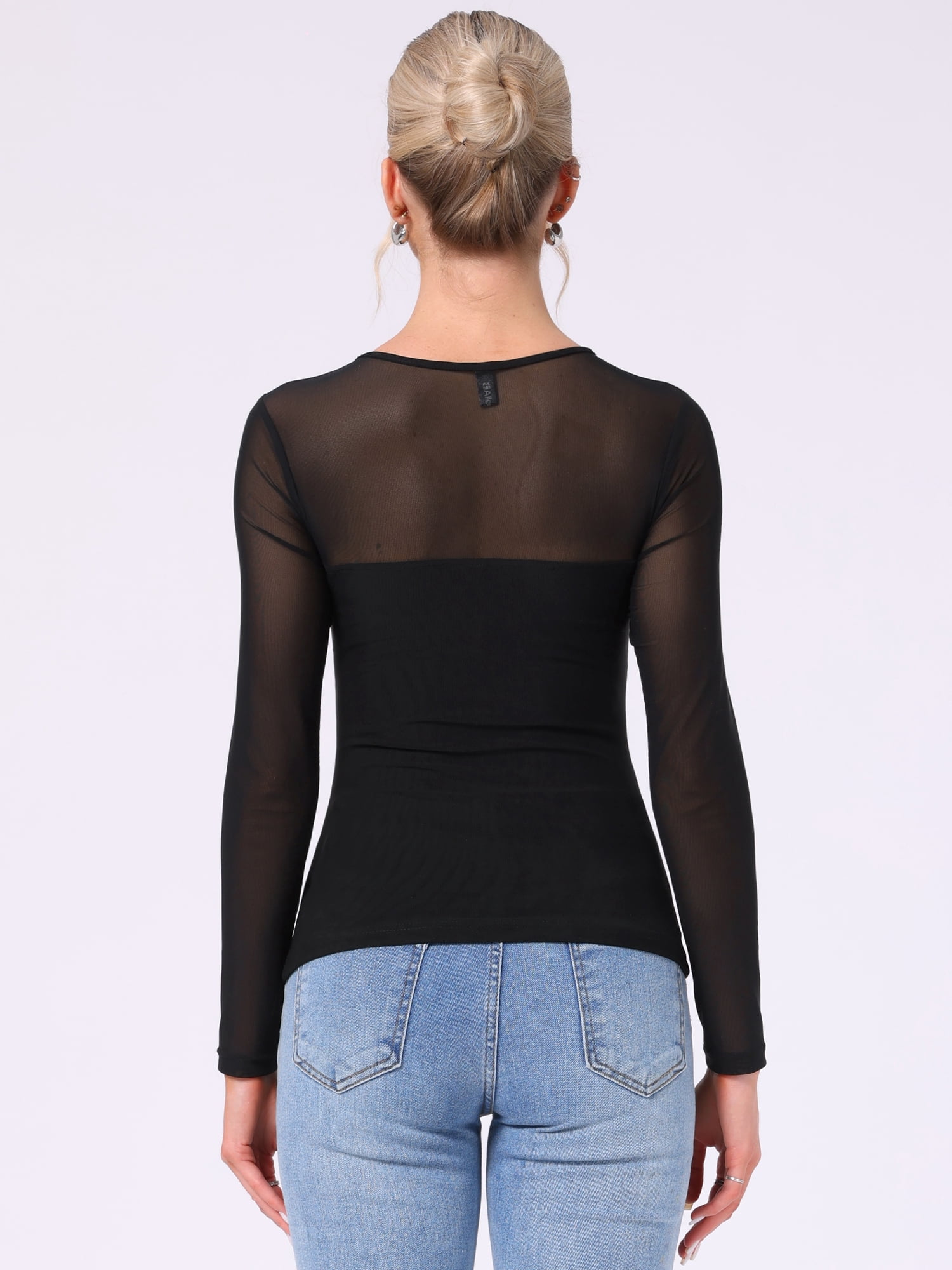 DARING DIVA Women's Mesh Long Sleeve See Through Sheer Top L Black
