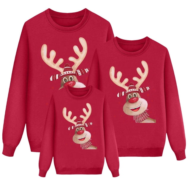 Aocisk Pyjamas de Noël pour Enfants Famille avec Parent Enfant T-Shirts de Noël Épais Col Rond Doux Imprimé Tête de Cerf Nœud Manches Longues Hauts Blouse Rouge 4-5 Ans