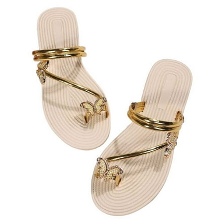 

TUOBARR Flat Sandals for Women Womens Summer Slippers Rhinestone & Butterfly Decorate Toe Ring Design Sandals Yellow