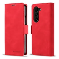 ShellTech for Samsung Galaxy Z Fold 7 Slim Flip Wallet Case Premium PU Leather Cover TPU Bumper with Card Holder Kickstand Hidden Magnetic Adsorption Full-Body Shockproof Anti-Drop,Red