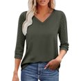 thumbnail image 2 of Womens Tops 3/4 Length Sleeve Blouses Dressy Casual Spring Summer Outfits Pleated Front T Shirts Curved Hem Dark Gray L, 2 of 7