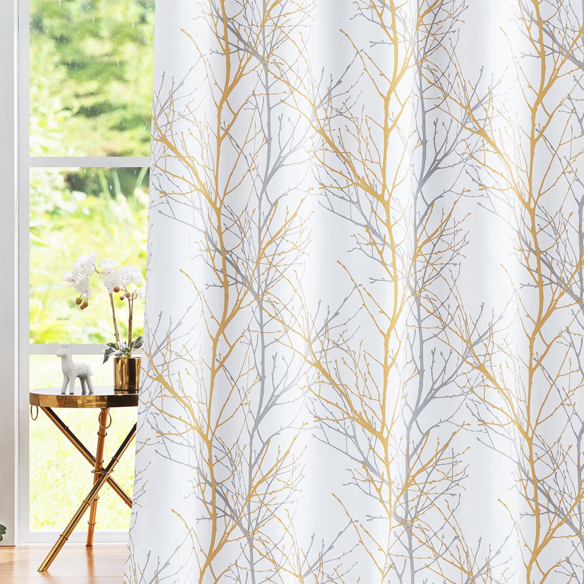 Decoultimatex Yellow Gray Branch Blackout Curtains for Bedroom Triple Weave Energy Saving Full Blackout Window Curtains for All Seasons, 52"x96"x2