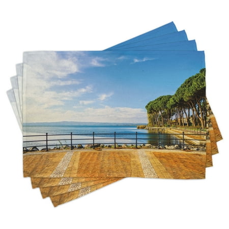 

Italian Placemats Set of 4 Terrace Promenade Balcony and Pine Trees in Bolsena Lake Italy Print Washable Fabric Place Mats for Dining Room Kitchen Table Decor Blue and Pale Brown by Ambesonne