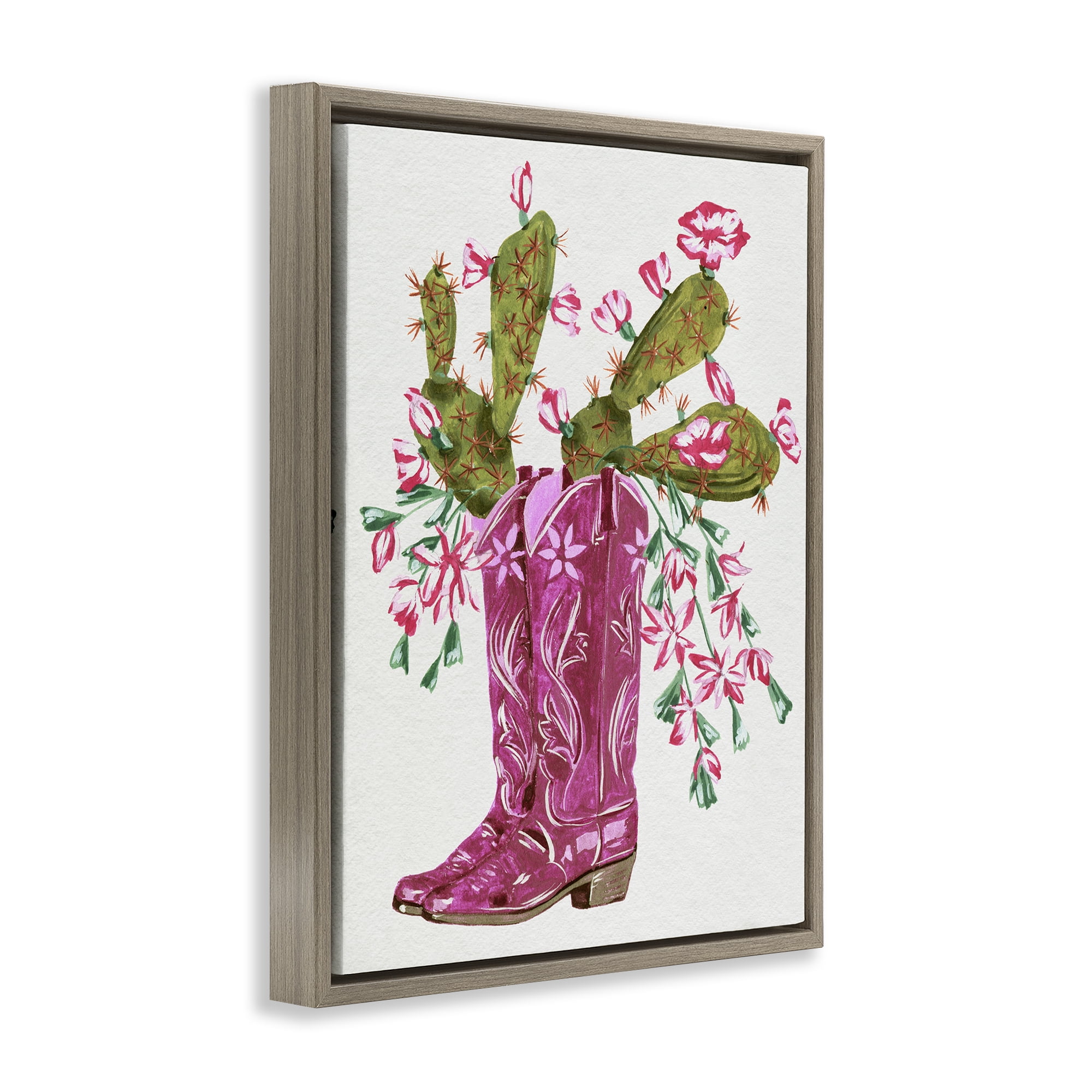 Stupell Industries Cowgirl Boots & Cactus Plants & Flowers Painting Brown Floater Framed Canvas Art Print Wall Art, 17 x 21
