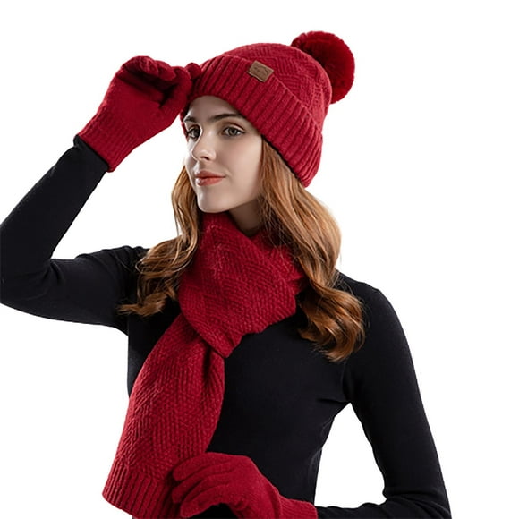 Lolmot Womens Autumn And Winter Woolen Hat Warm Scarf Gloves Three Piece Ear Protection Pullover Hat