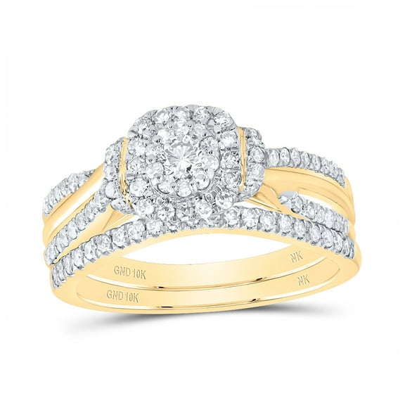 10kt Yellow Gold 5/8 Cttw Diamond Cushion Double Halo Wedding Engagement Anniversary Bridal Set, Women Size: 5-9