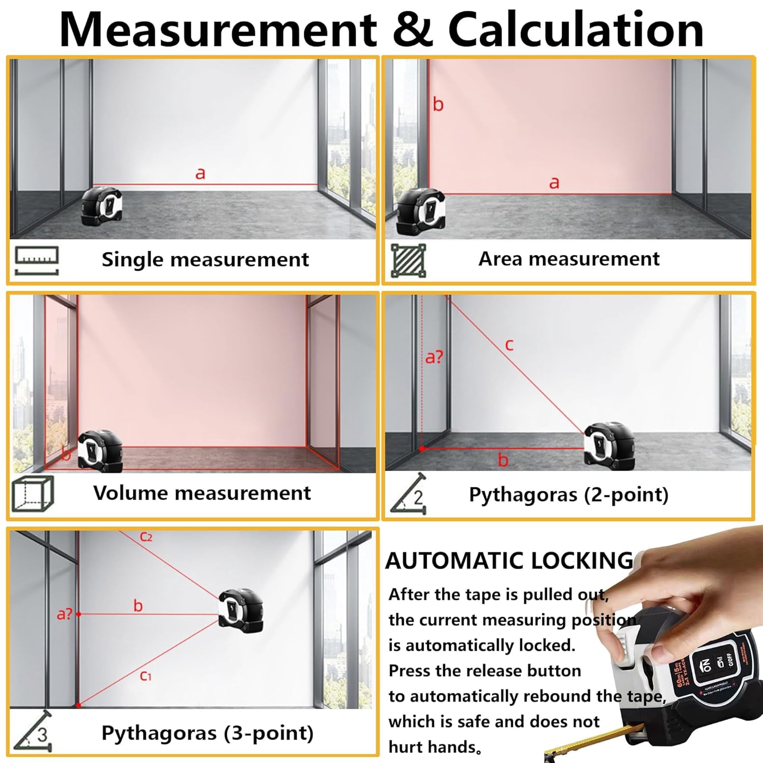 QCZPYP 2-in-1 Infrared Laser Tape Measure: 196Ft/60M Rechargeable Digital Measuring Tape, 16Ft/5M AutoLock Retractable Measuring Tape, Pythagorean, Area, Volume with Switchable Units M/Ft/in