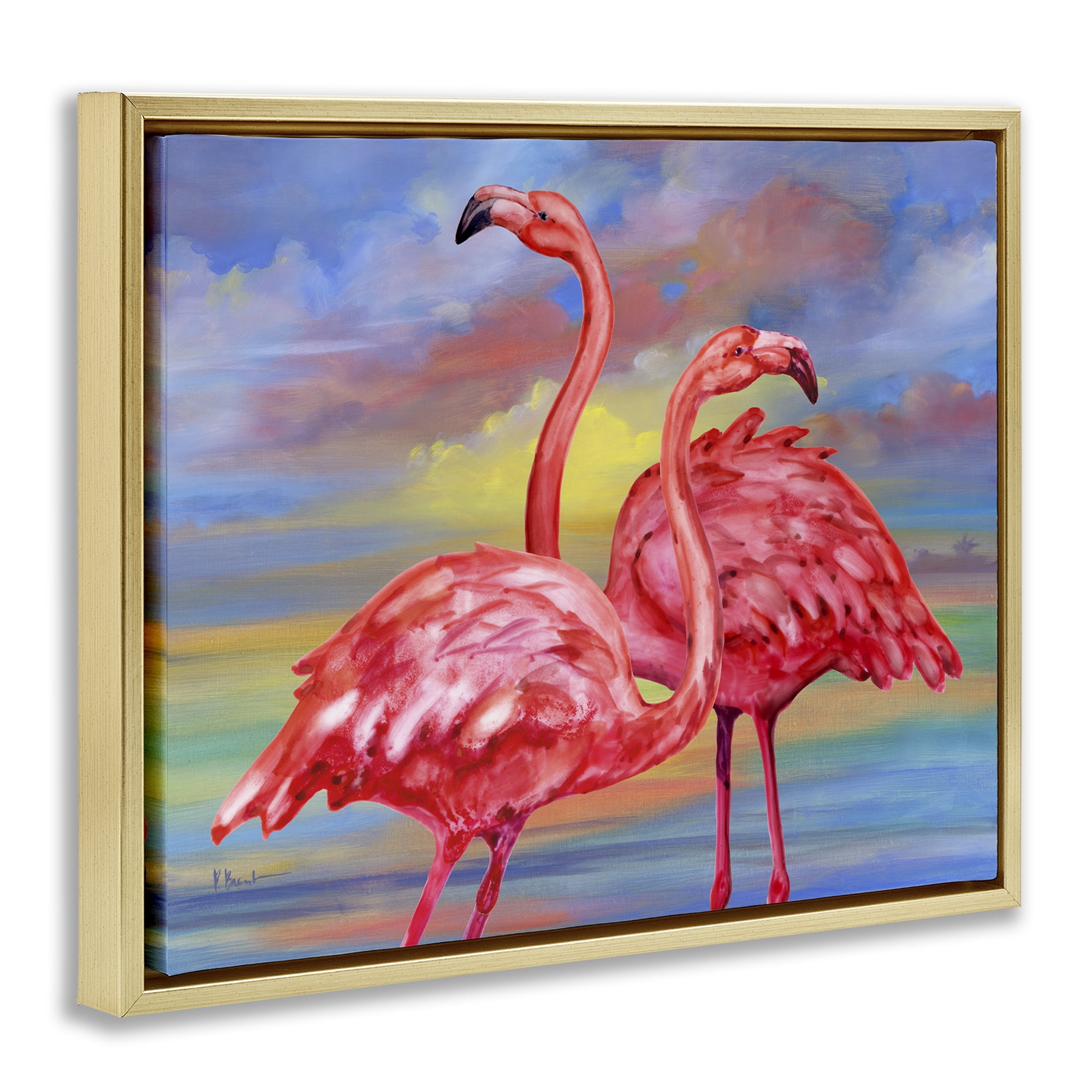 Stupell Industries Rainbow Sunset Flamingos Animals & Insects Painting Gold Floater Framed Canvas Art Print Wall Art, 21 x 17