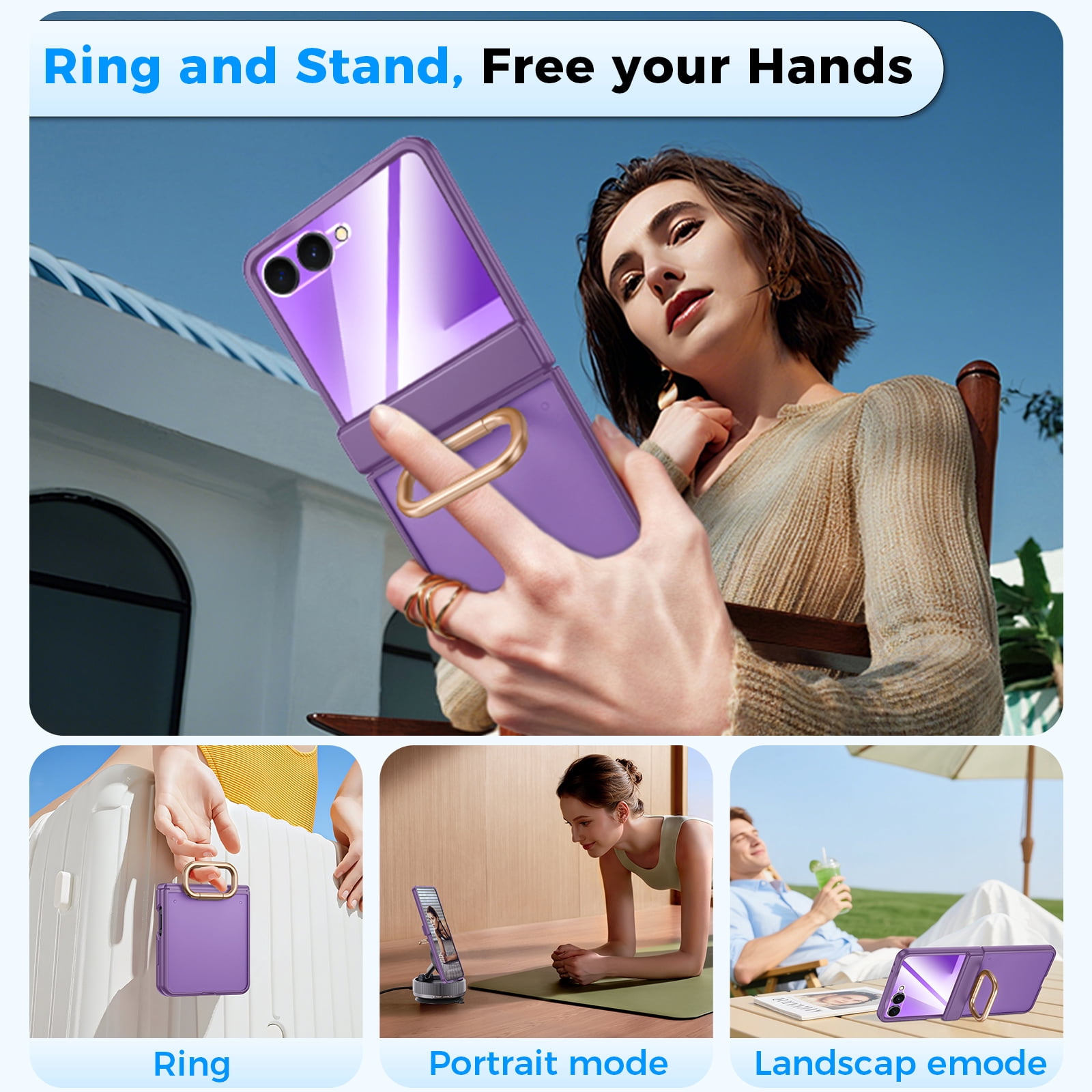 Vizvera for Samsung Galaxy Z Flip 7 Case with Ring Holder & Screen Protector & Hinge Protection,Wireless Charging,Skin Feel Matte PC,Shockproof Phone Case-Purple