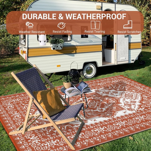 Waterproof Reversible Outdoor Patio Rug 10x14ft–Extra Large Plastic Straw Mat–Vintage Medallion Design Deck, Backyard, Camping, RV, Beach, Garden–4 Stakes & Bag–Terracotta Orange/White–Specification