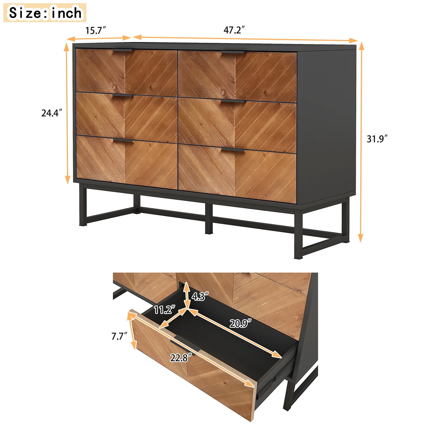 Kadyn 6 Drawer Dresser, Chest of Drawers with Metal Leg and Handle, Particle Board Storage Cabinet for Bedroom,Black Kadyn 6 Drawer Dresser, Chest of Drawers with Metal Leg and Handle, Particle Board Storage Cabinet for Bedroom,Black
