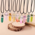 thumbnail image 2 of Natural Stone Quartz Lapis Opal Amethyst Pink Crystal Stone Hexagonal Column Pendant Necklaces Leather Chain Bullet Necklace, 2 of 5