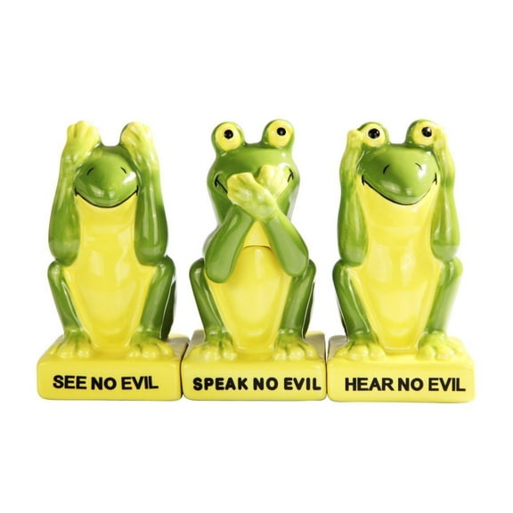 Pacific Trading Green Frogs Froggy See Hear Speak no Evil Ceramic Salt Pepper Shakers and Toothpick Holder Attractives Trio!