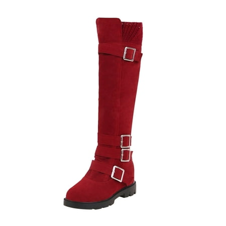DVKOVI Shoes for Women Dressy Tall Cowboy Boots Women Ladies Fashion Retro Solid Suede Belt Buckle Decoration Zipper Thick Heel Long with Knee Length Boots Red 42