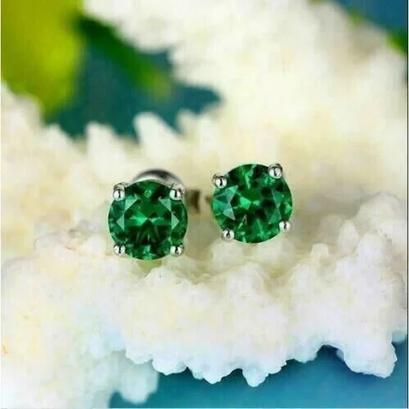 Genuine Emerald Round Basket Set Stud Earrings in Sterling Silver