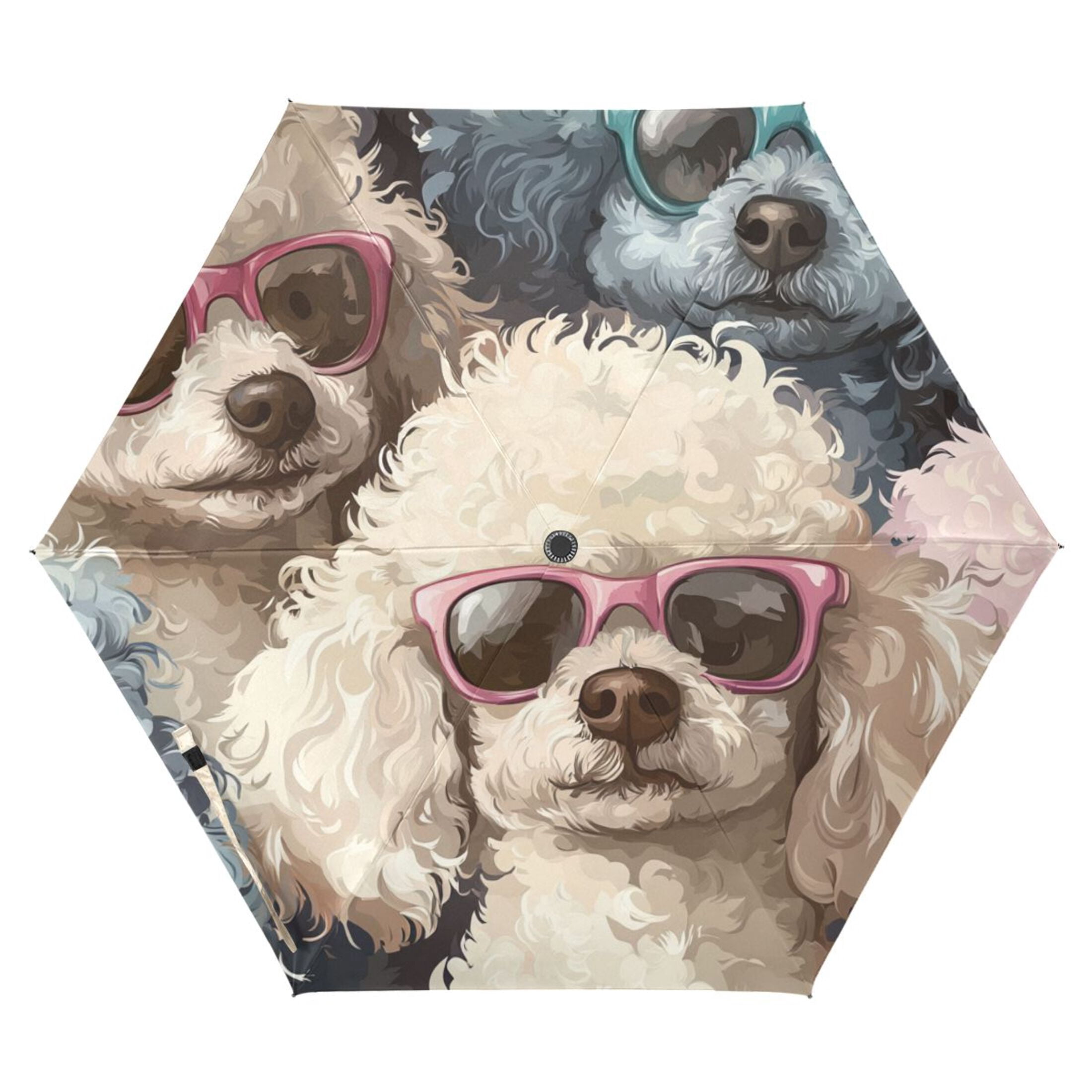 Cute Poodles with Sunglasses All Weather Umbrella Triple Folding Parasol 6 Ribs UV Protection Portable