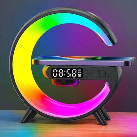 Multi-Function Wireless Charger Stand Fast Charging for iPhone 15/14/13/12 Pro Max & Samsung Galaxy S25/S24/S23 with HD Audio Speaker, Alarm Clock, RGB LED Night Light, Bedside Lamp