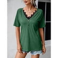 thumbnail image 2 of Camisa de manga corta con cuello en V de encaje para mujer, moda de verano, informal, adelgazante, blusa de manga corta de verano para mujer, OD verde L, 2 of 8
