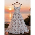 thumbnail image 5 of White Floral Print Waist-Gathering Pleated A-Line Maxi Dress For Women, 5 of 8