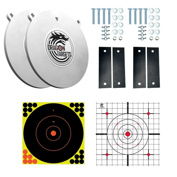 Dragon Targets AR500 Steel 12" X 1/2" Gong Target, 12" X 12" Reactive & 12" X 12" Sight-in Paper Targets, with 10" X 3" Hanging Straps and Dragon Targets Hardware Kits Bundle