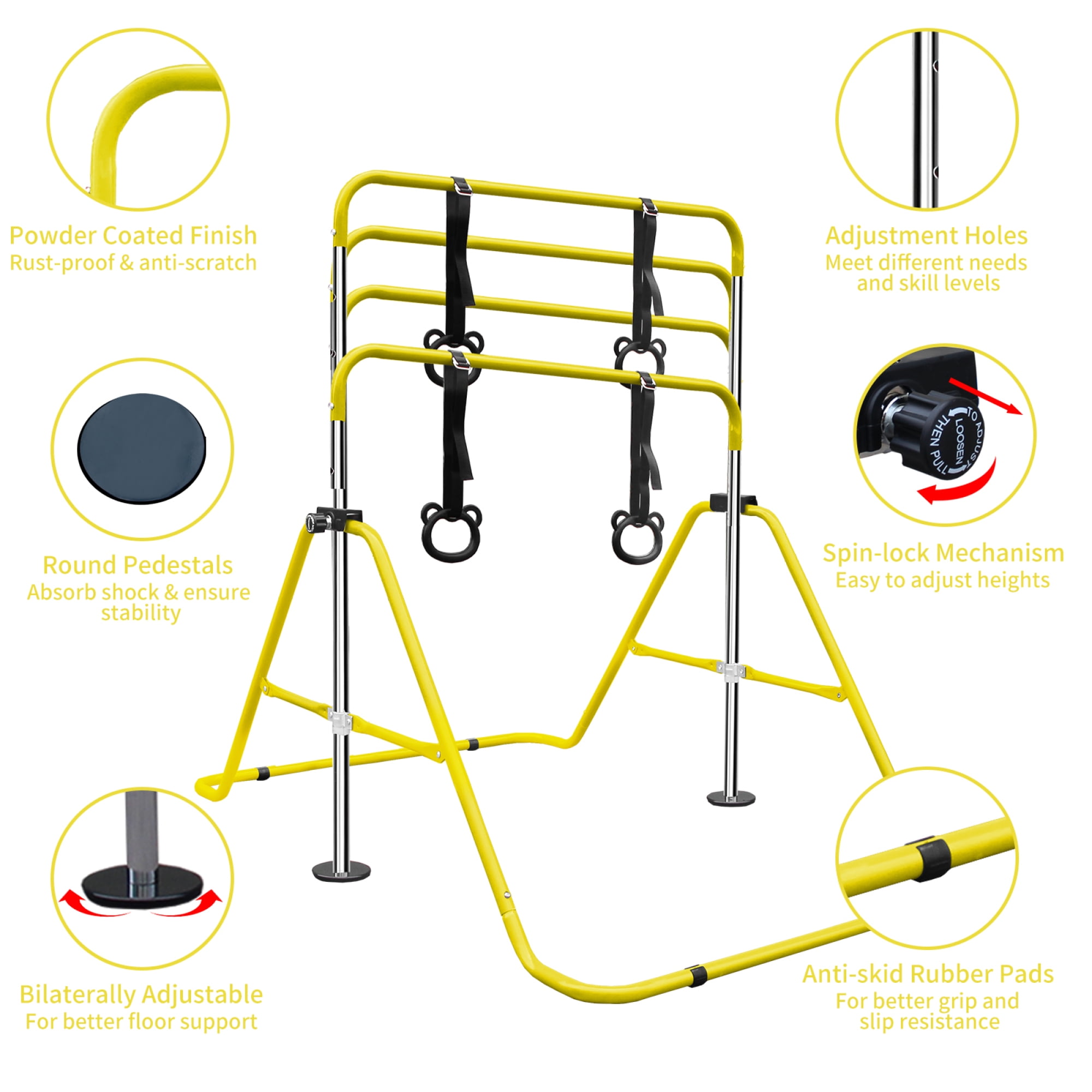 Leumius Gymnastics Bar for Kids,35"-51" Adjustable Height Steel Gymnastic Horizontal Bars with Bear Rings,Gymnastics Equipment for Indoor/Outdoor Training,Yellow