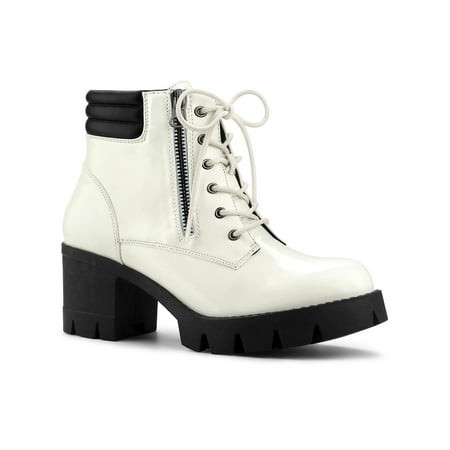 

BLISSFUL STEP Women s Rounded Toe Side Zip Combat Block Heel Ankle Boots White 9.5