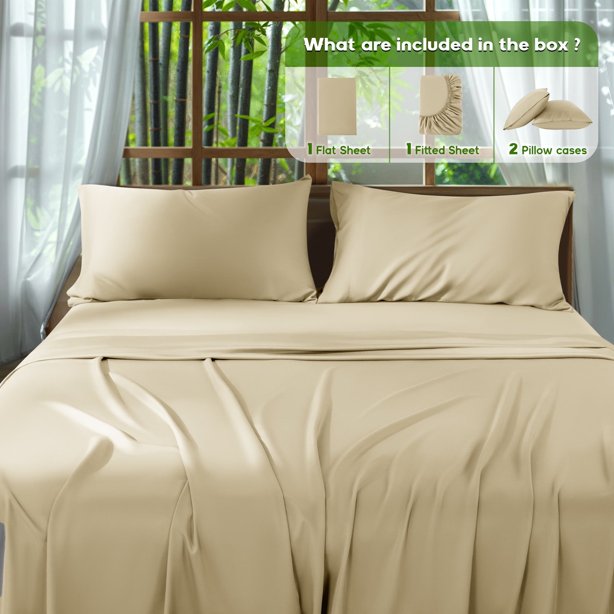 Sonoro Kate Luxury Cooling Bamboo Bed Sheet Set - Deep Pockets - 3 Piece, Twin XL, Beige