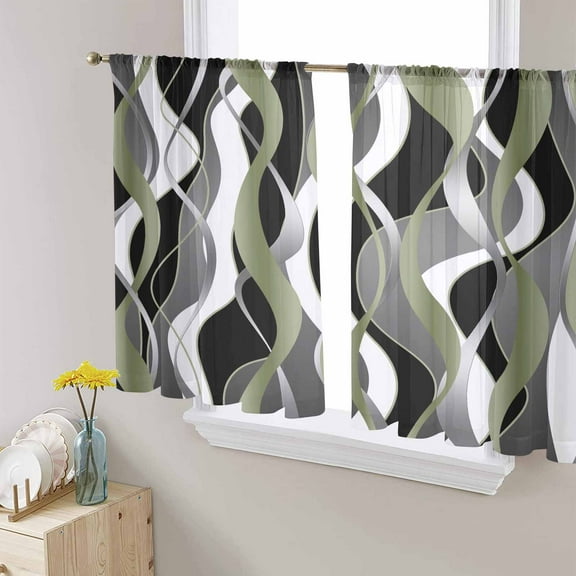 Sage Green Stripe Sheer Curtains 54 Inches Length 2 Panels Set, Window Sheer Curtains for Living Room/Bedroom, Grey Moire Geometric Modern Abstract Light Filtering Rod Pocket Curtain 52'' x 54'' x 2